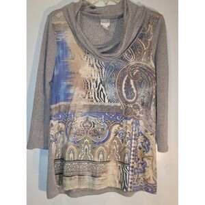 Chicos Tunic Top Tan Paisley‎ Blouse Sweater Size O Small Cowl Neck